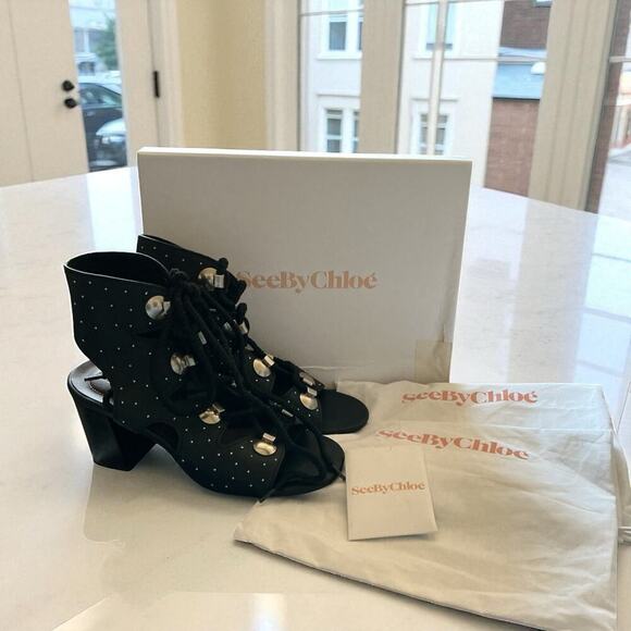 See by Chloé Black Leather Gladiator Sandals Lace Up Size 9 / IT 39 - Picture 1 of 13